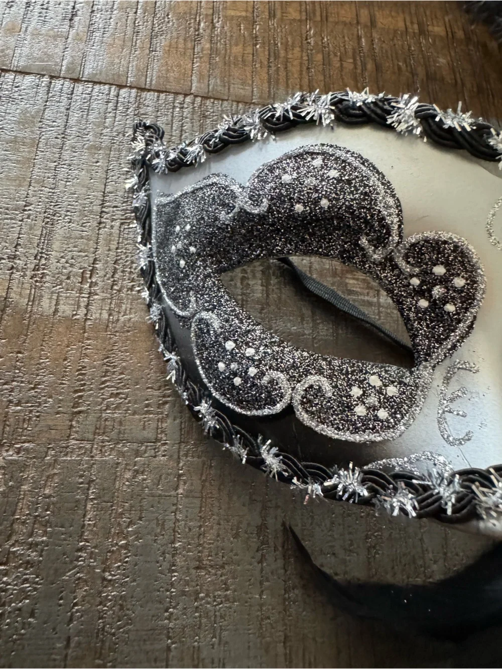 Masquerade Mask Half Mask Silver With Black Feathers and Flower with Glitter